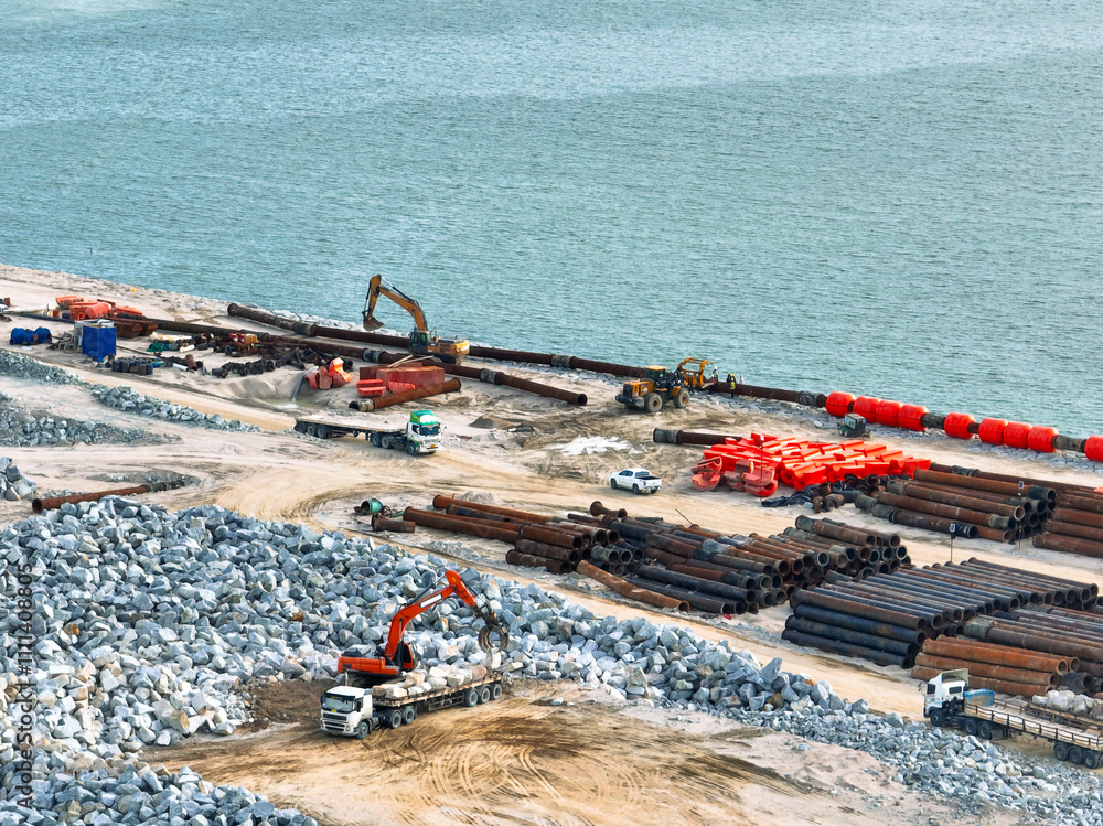Construction progress on shipping port terminal through land ...
