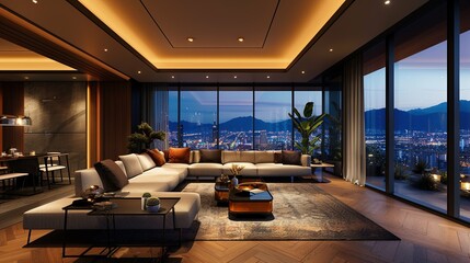 Wall Mural - Luxurious Modern Apartment Living Room with City Night View