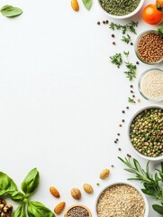 Poster - An array of organic seeds, nuts, and fresh herbs is artfully displayed on a white surface, leaving room for more text or graphics. Generative AI