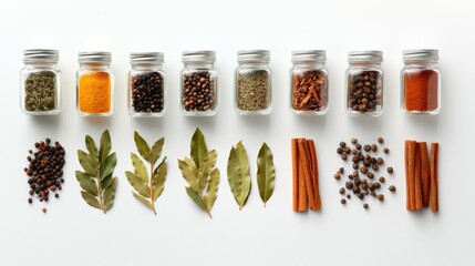 Aufkleber - Colorful jars of spices are arranged with bay leaves and cinnamon sticks on a clean white surface, perfect for adding flavor to dishes. Generative AI