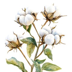 Canvas Print - Watercolor Painting of a Cotton Plant Branch with Fluffy White Cotton Bolls and Lush Green Leaves.