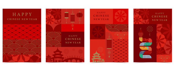 Wall Mural - Happy Chinese New Year on red background with snake,lantern.Translate: Happy new year