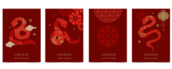 Wall Mural - Happy Chinese New Year on red background with snake,lantern.Translate: Happy new year