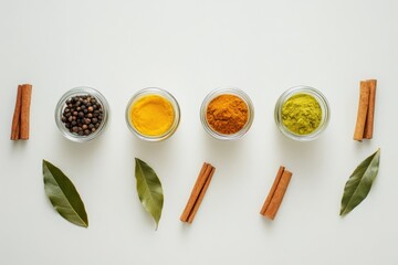 Aufkleber - Colorful jars filled with various spices, accompanied by bay leaves and cinnamon sticks, create an inviting culinary display on white. Generative AI
