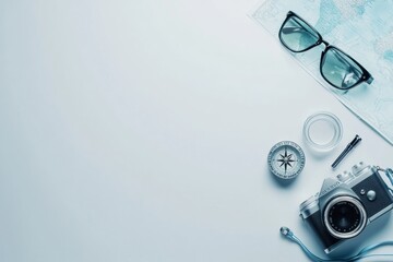 Poster - Explore your next destination with essential travel items like a map, compass, camera, and sunglasses ready for the journey. Generative AI
