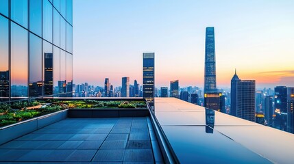 Wall Mural - Skyline view from modern rooftop terrace during sunset.