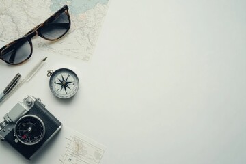 Poster - Travel must-haves arranged on a white background, featuring a map, compass, small camera, and sunglasses with space for additional notes. Generative AI