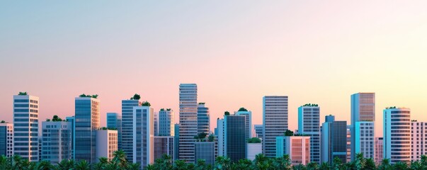 Wall Mural - Modern city skyline with skyscrapers and greenery at twilight.