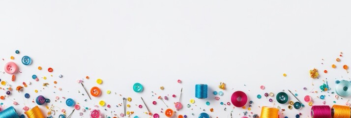 Poster - Colorful sewing supplies including threads, needles, and buttons are arranged on a white surface, leaving room for additional text. Generative AI