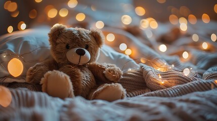 Adorable plush teddy toy resting on a comfortable bed under warm glittering lights