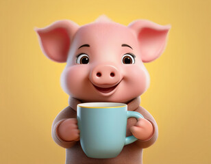 Cute cartoon pig holding a coffee mug cheerful atmosphere animated character bright background fun concept for kids