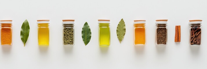 Aufkleber - Vibrant small jars filled with spices and herbs arranged alongside bay leaves and cinnamon sticks, providing ample space for text. Generative AI