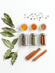 Aufkleber - Small jars filled with vibrant spices rest alongside bay leaves and cinnamon sticks, inviting culinary inspiration and flavor exploration. Generative AI