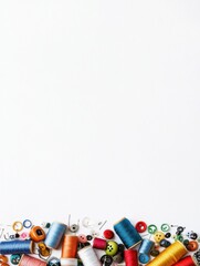 Poster - A collection of needles, colorful threads, and various buttons displayed on a white surface, perfect for craft projects or sewing activities. Generative AI