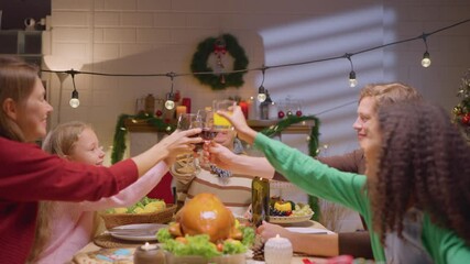 Wall Mural - Multiracial lovely family celebrating Christmas party together in house.