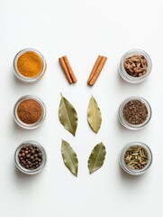 Aufkleber - Brightly colored jars contain various spices alongside bay leaves and cinnamon sticks, creating a vibrant display with plenty of space for text. Generative AI
