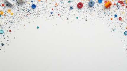Poster - A variety of sewing supplies like colorful buttons, threads, and needles are artistically placed on a white surface, inviting creativity. Generative AI