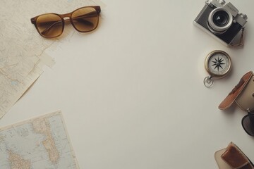 Poster - Explore travel essentials like a map, compass, camera, and sunglasses arranged on a clean white background, perfect for any adventure. Generative AI