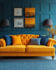 Modern living room interior design with bold colorful furniture and minimalist decor featuring a yellow and blue sofa and stylish floor lamp with natural light