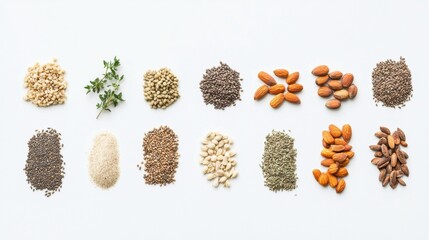 Fototapete - Organic seeds, nuts, and herbs are artfully arranged on a white background, creating an opportunity for text or branding. Generative AI