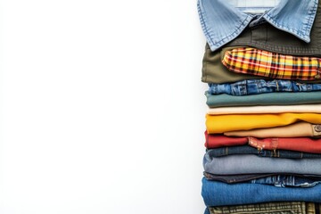 Poster - Collection of diverse clothing items arranged neatly on a white background, featuring shirts, pants, and assorted accessories with space for text. Generative AI