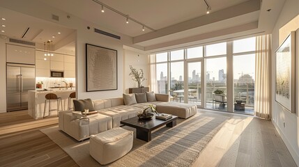 Wall Mural - Luxurious Modern Apartment Living Room with City Skyline View