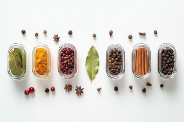 Fototapete - A colorful array of spices in jars, featuring bay leaves and cinnamon, invites culinary creativity against a clean white backdrop. Generative AI