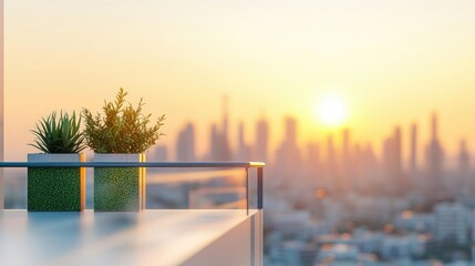 Wall Mural - Potted plants on balcony with sunset view of city skyline in background.