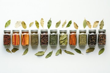 Fototapete - Brightly colored spice jars are arranged with cinnamon sticks and bay leaves, creating an aromatic display on a clean white surface. Generative AI