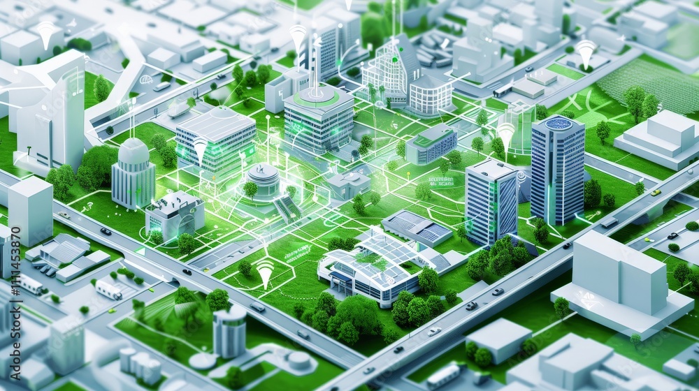 Illustration of a smart city with interconnected buildings, autonomous ...
