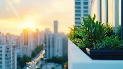 Wall Mural - Urban balcony view with plants and sunset over city buildings, warm atmosphere.