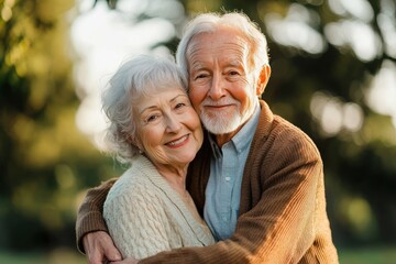 Wall Mural - happy elderly couple outdoor park enjoying retirement together smiling active lifestyle piggyback game love joy fun nature