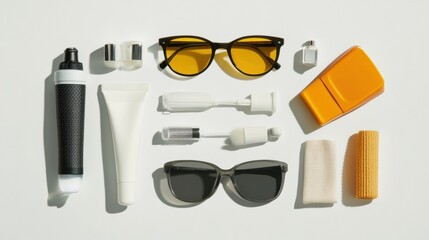 Poster - Summer accessories including sunglasses and sunscreen are displayed on a white background, offering a perfect opportunity for text placement. Generative AI