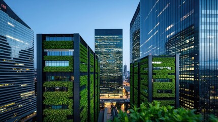 Wall Mural - Modern skyscrapers with green facades in an urban setting at twilight.