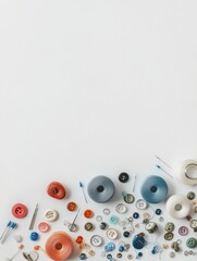 Poster - Sewing essentials like needles, threads, and buttons are neatly arranged on a white background with space for notes. Generative AI