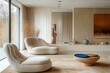 © Margarita - Serene Modern Living Room Minimalist Scandinavian Design with Curved Furniture and Blue Coffee Table