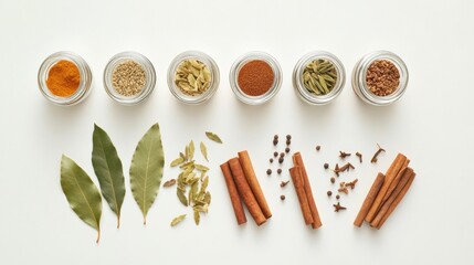 Fototapete - Small jars filled with vibrant spices are arranged alongside bay leaves and cinnamon sticks, creating an inviting space for culinary creativity. Generative AI