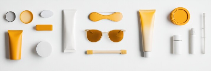 Poster - Brightly colored summer accessories featuring sunglasses and sunscreen arranged neatly on a white background, perfect for promotional use. Generative AI