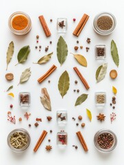 Fototapete - An assortment of colorful spice jars, bay leaves, and cinnamon sticks enhances the white surface, creating an aromatic display with text space. Generative AI