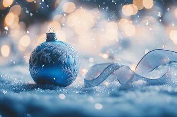 Wall Mural - Blue Christmas background with a blue ornament and white snowflakes, a ribbon on the right side, and shiny bokeh lights in the background.