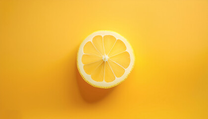 Wall Mural - A single lemon slice is placed on a pastel yellow background for a monochromatic effect.