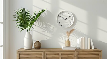 Wall Mural - Minimalist Living Room Decor with Wooden Cabinet, Plants, and Clock