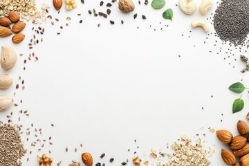 Fototapete - Organic ingredients like seeds, nuts, and herbs are beautifully arranged on a white background, providing ample space for creative text or artwork. Generative AI