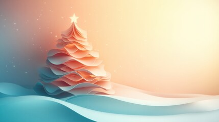 Aufkleber - Layered 3D paper Christmas tree stands elegantly against a soft, colorful background, offering blank space for adding custom text or wishes. Generative AI