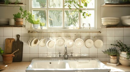 Wall Mural - Bright kitchen with farmhouse sink, brass plate rack, and herbs in sunlight