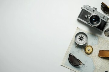 Poster - A collection of travel essentials features a map, compass, small camera, and sunglasses laid on a white background ready for adventure planning. Generative AI