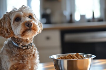 Poster - A dog sits beside a stainless steel bowl filled with food in a bright, cozy kitchen, eagerly awaiting mealtime and companionship. Generative AI