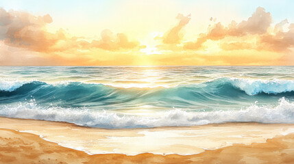  serene beach scene with gentle waves and vibrant sunset