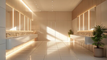 Wall Mural - Modern, minimalist public restroom with warm lighting and sleek design.