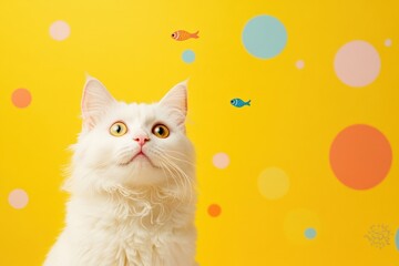 Poster - A fluffy white cat watches in wonder as whimsical fishes swim playfully in circles above its head on a bright yellow backdrop. Generative AI
